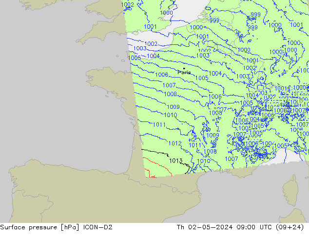 Atmosférický tlak ICON-D2 Čt 02.05.2024 09 UTC