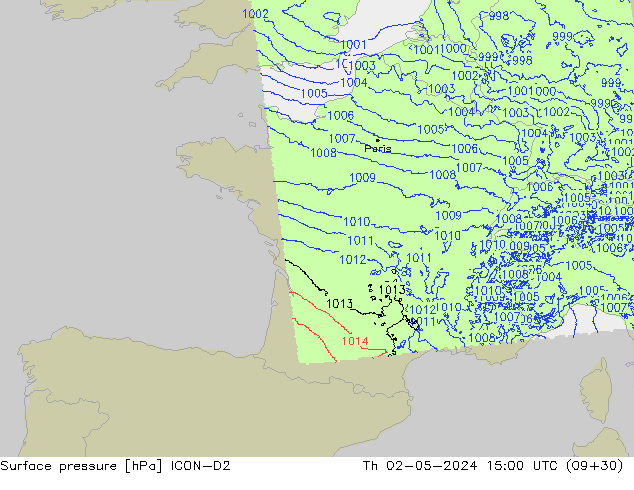 pressão do solo ICON-D2 Qui 02.05.2024 15 UTC