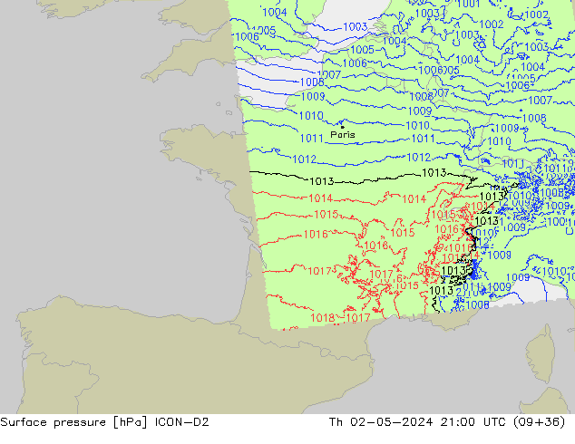 Surface pressure ICON-D2 Th 02.05.2024 21 UTC