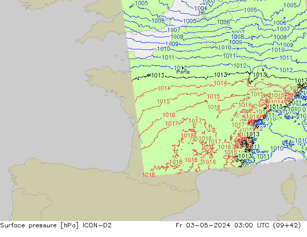 Surface pressure ICON-D2 Fr 03.05.2024 03 UTC