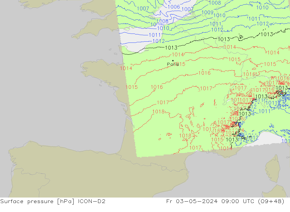 Presión superficial ICON-D2 vie 03.05.2024 09 UTC