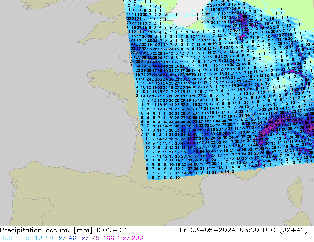 Precipitation accum. ICON-D2 Fr 03.05.2024 03 UTC