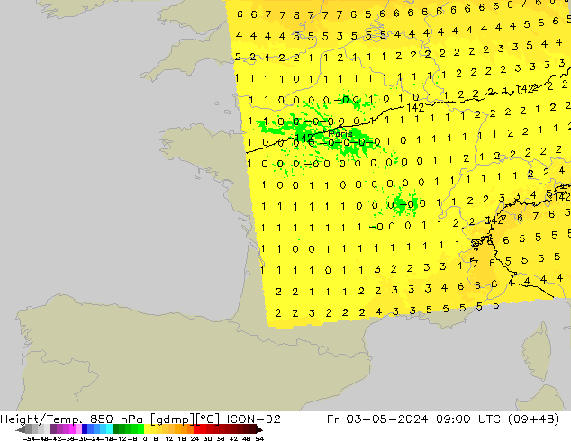 Height/Temp. 850 hPa ICON-D2 Fr 03.05.2024 09 UTC