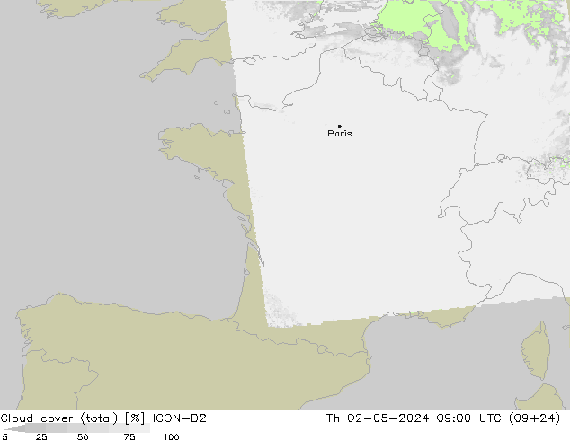 Wolken (gesamt) ICON-D2 Do 02.05.2024 09 UTC