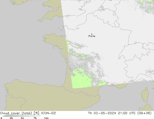 Cloud cover (total) ICON-D2 Čt 02.05.2024 21 UTC