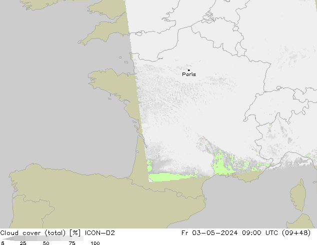 Nubes (total) ICON-D2 vie 03.05.2024 09 UTC