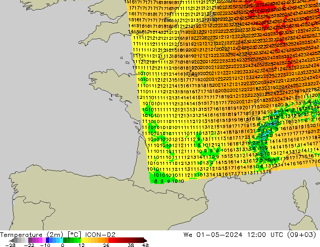 Temperatura (2m) ICON-D2 mié 01.05.2024 12 UTC