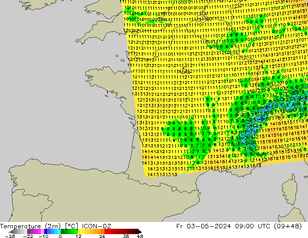 Temperatura (2m) ICON-D2 Sex 03.05.2024 09 UTC