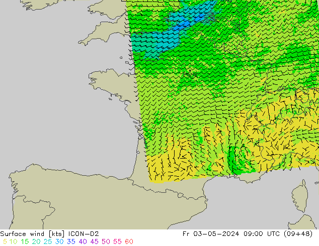 Surface wind ICON-D2 Fr 03.05.2024 09 UTC
