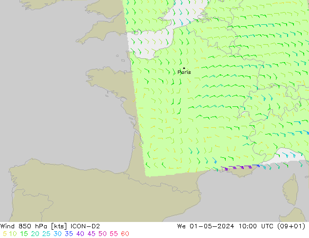 wiatr 850 hPa ICON-D2 śro. 01.05.2024 10 UTC