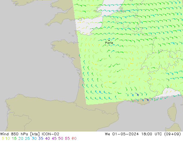 Vent 850 hPa ICON-D2 mer 01.05.2024 18 UTC