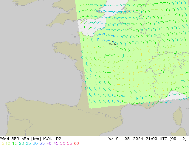 Vento 850 hPa ICON-D2 mer 01.05.2024 21 UTC