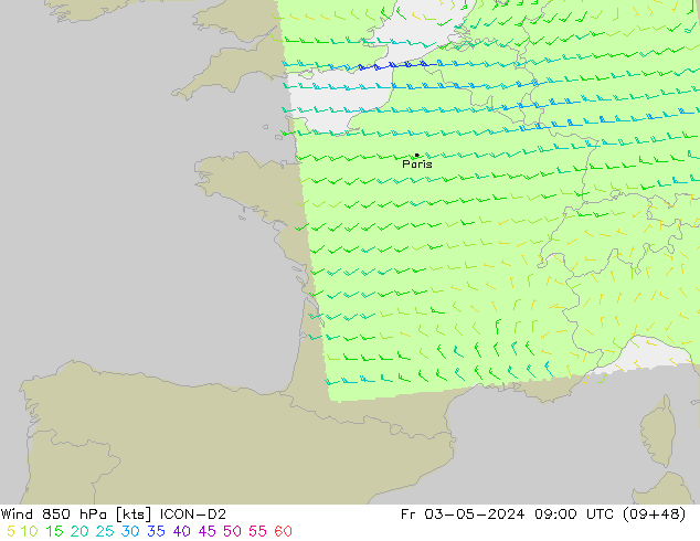 Vento 850 hPa ICON-D2 Sex 03.05.2024 09 UTC