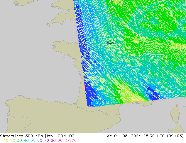 Rüzgar 300 hPa ICON-D2 Çar 01.05.2024 15 UTC