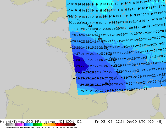 Geop./Temp. 500 hPa ICON-D2 vie 03.05.2024 09 UTC