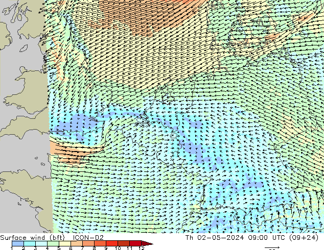 Vento 10 m (bft) ICON-D2 Qui 02.05.2024 09 UTC