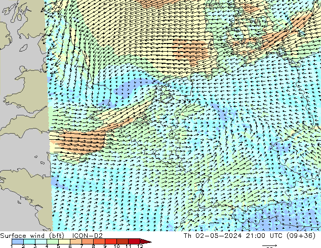 Surface wind (bft) ICON-D2 Th 02.05.2024 21 UTC