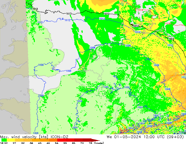 Max. wind velocity ICON-D2 mer 01.05.2024 12 UTC