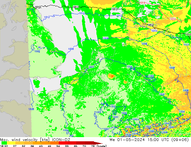 Max. wind velocity ICON-D2 mer 01.05.2024 15 UTC