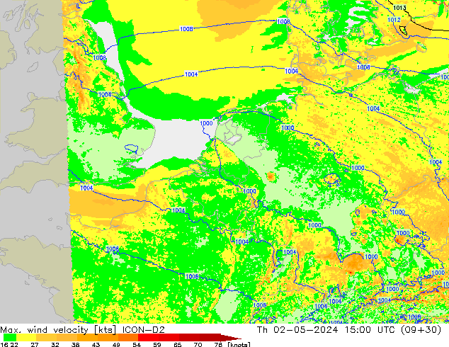 Max. wind velocity ICON-D2 jue 02.05.2024 15 UTC