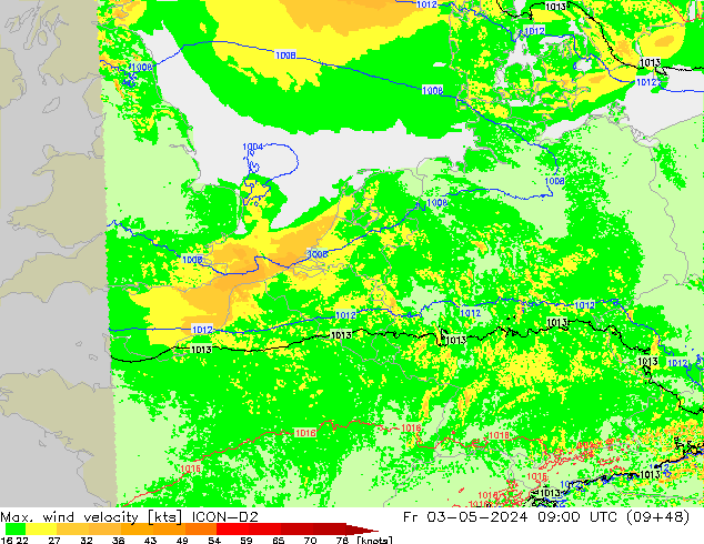 Max. wind velocity ICON-D2 Fr 03.05.2024 09 UTC