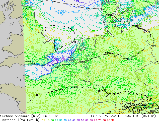 Isotachs (kph) ICON-D2 Fr 03.05.2024 09 UTC