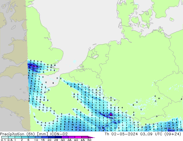 осадки (6h) ICON-D2 чт 02.05.2024 09 UTC