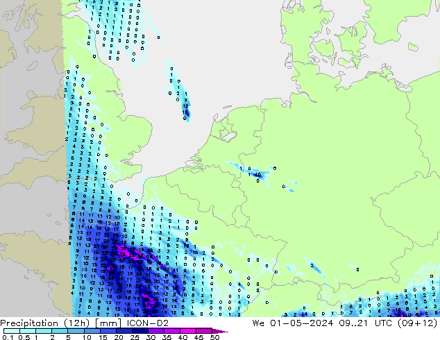 Precipitación (12h) ICON-D2 mié 01.05.2024 21 UTC