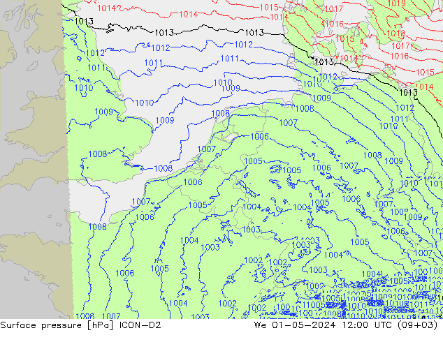 Surface pressure ICON-D2 We 01.05.2024 12 UTC