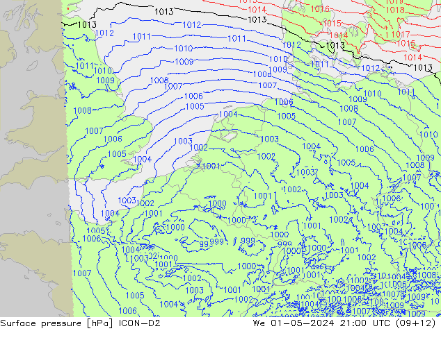 Surface pressure ICON-D2 We 01.05.2024 21 UTC