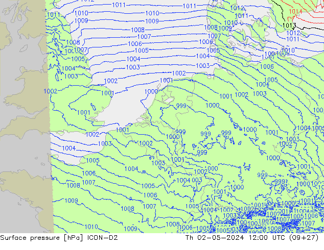 Atmosférický tlak ICON-D2 Čt 02.05.2024 12 UTC