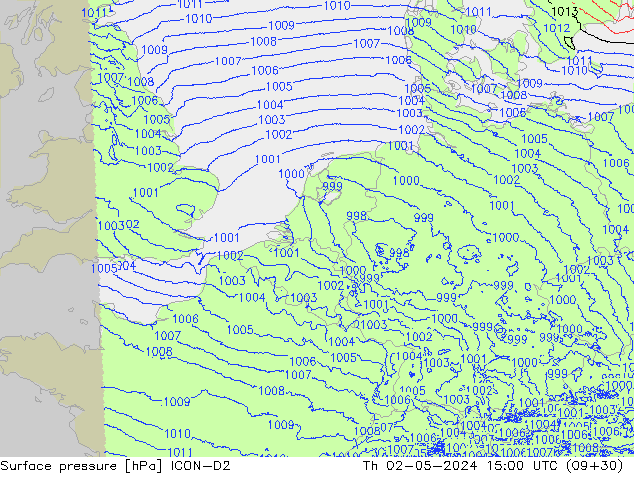 Surface pressure ICON-D2 Th 02.05.2024 15 UTC