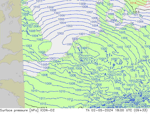 Surface pressure ICON-D2 Th 02.05.2024 18 UTC