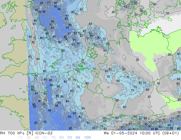 RH 700 hPa ICON-D2 We 01.05.2024 10 UTC