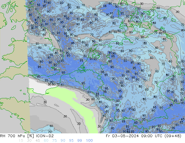 RH 700 гПа ICON-D2 пт 03.05.2024 09 UTC