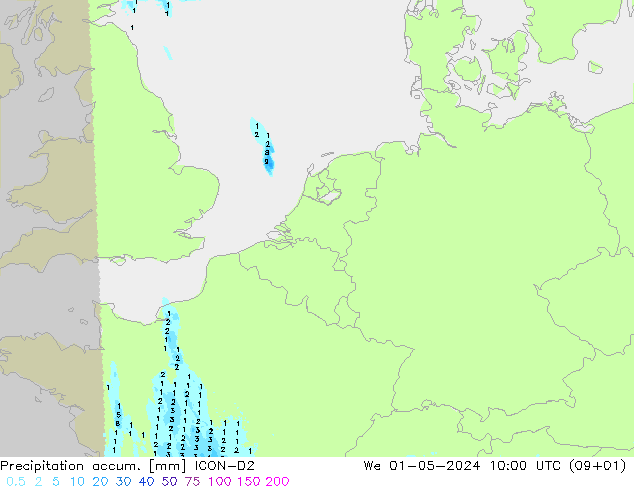 Precipitation accum. ICON-D2 We 01.05.2024 10 UTC