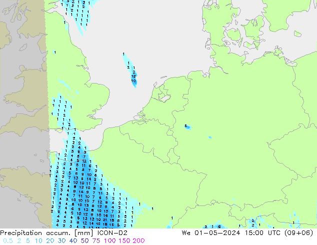 Nied. akkumuliert ICON-D2 Mi 01.05.2024 15 UTC