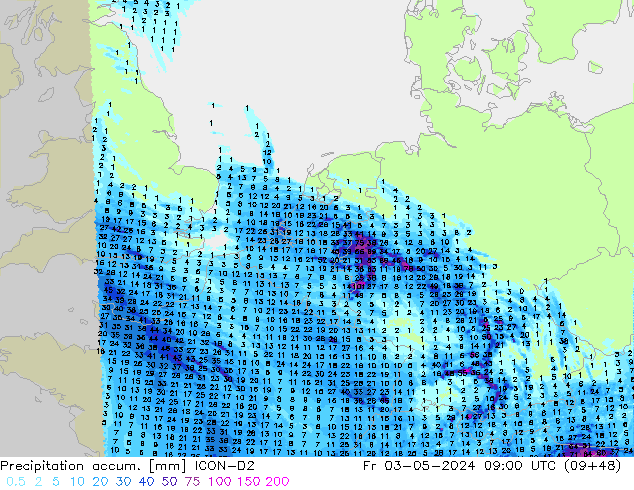 Precipitation accum. ICON-D2 pt. 03.05.2024 09 UTC