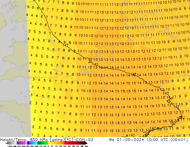 Height/Temp. 850 hPa ICON-D2 St 01.05.2024 10 UTC