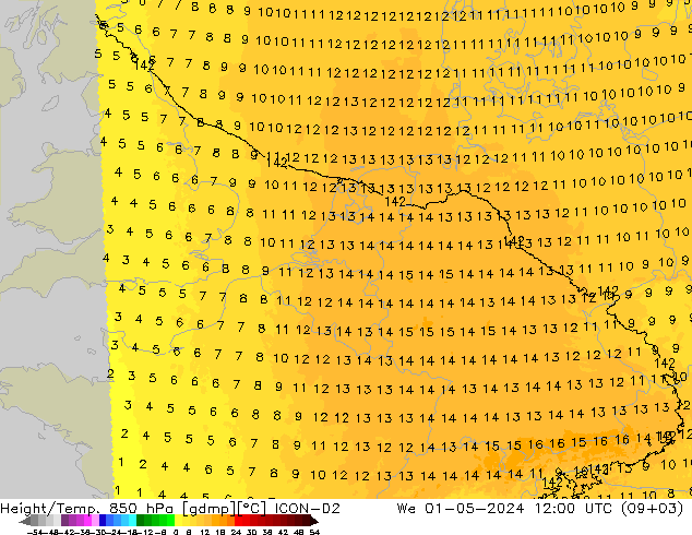 Height/Temp. 850 hPa ICON-D2 We 01.05.2024 12 UTC