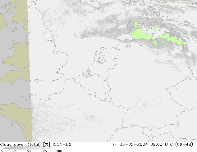 Cloud cover (total) ICON-D2 Fr 03.05.2024 09 UTC