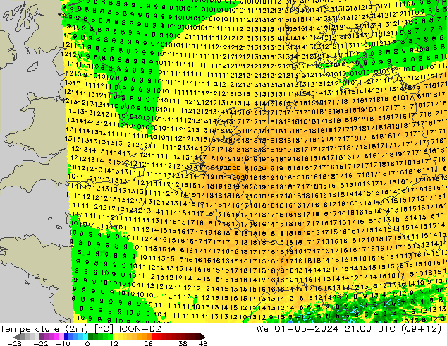 Temperatura (2m) ICON-D2 Qua 01.05.2024 21 UTC