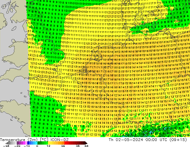 Temperature (2m) ICON-D2 Th 02.05.2024 00 UTC