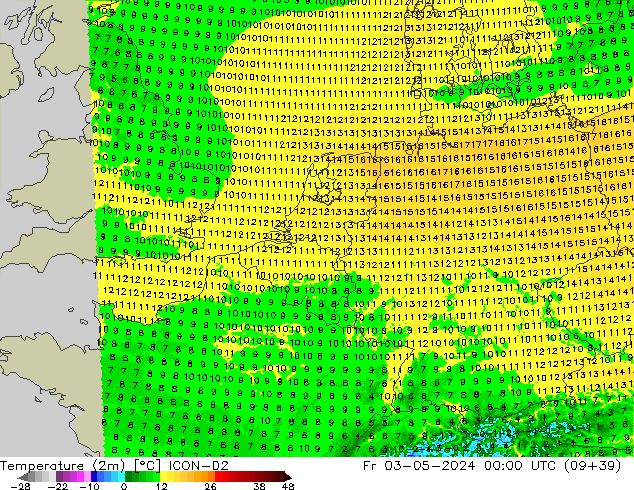 Temperatura (2m) ICON-D2 vie 03.05.2024 00 UTC