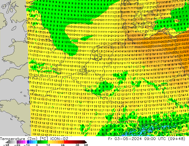 Temperature (2m) ICON-D2 Fr 03.05.2024 09 UTC