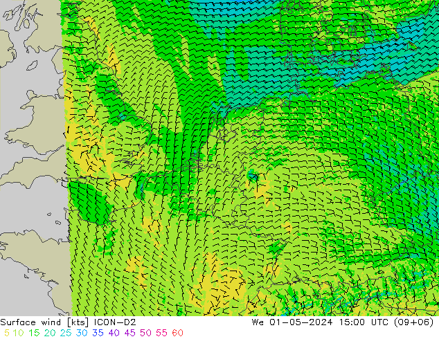 Wind 10 m ICON-D2 wo 01.05.2024 15 UTC