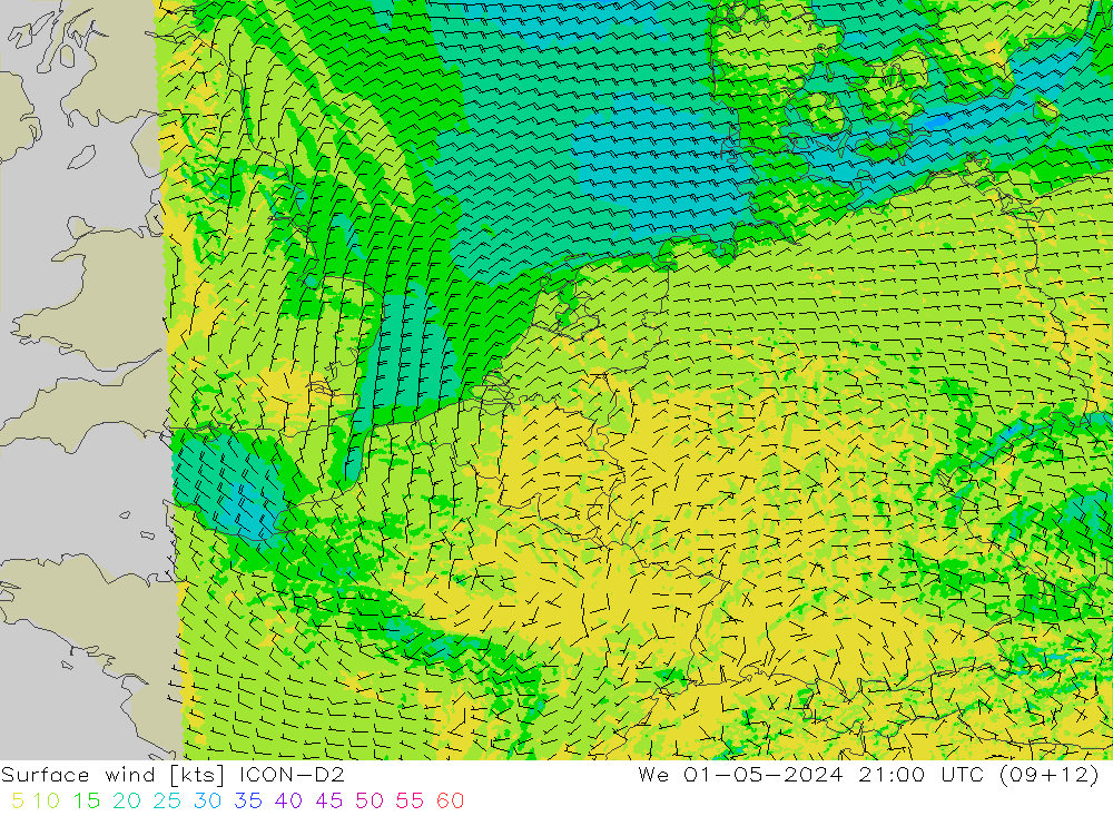 Vento 10 m ICON-D2 Qua 01.05.2024 21 UTC