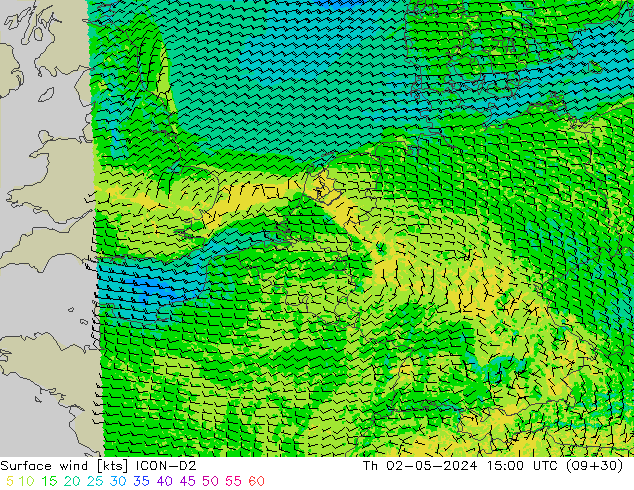 Surface wind ICON-D2 Čt 02.05.2024 15 UTC