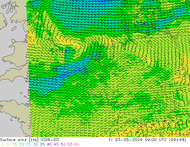 Surface wind ICON-D2 Fr 03.05.2024 09 UTC