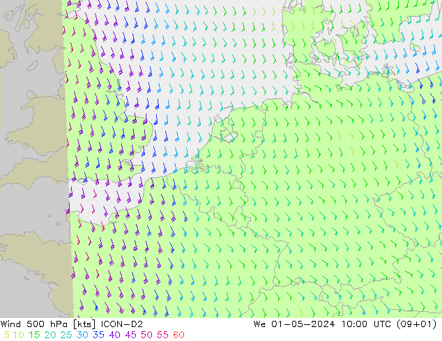 Rüzgar 500 hPa ICON-D2 Çar 01.05.2024 10 UTC